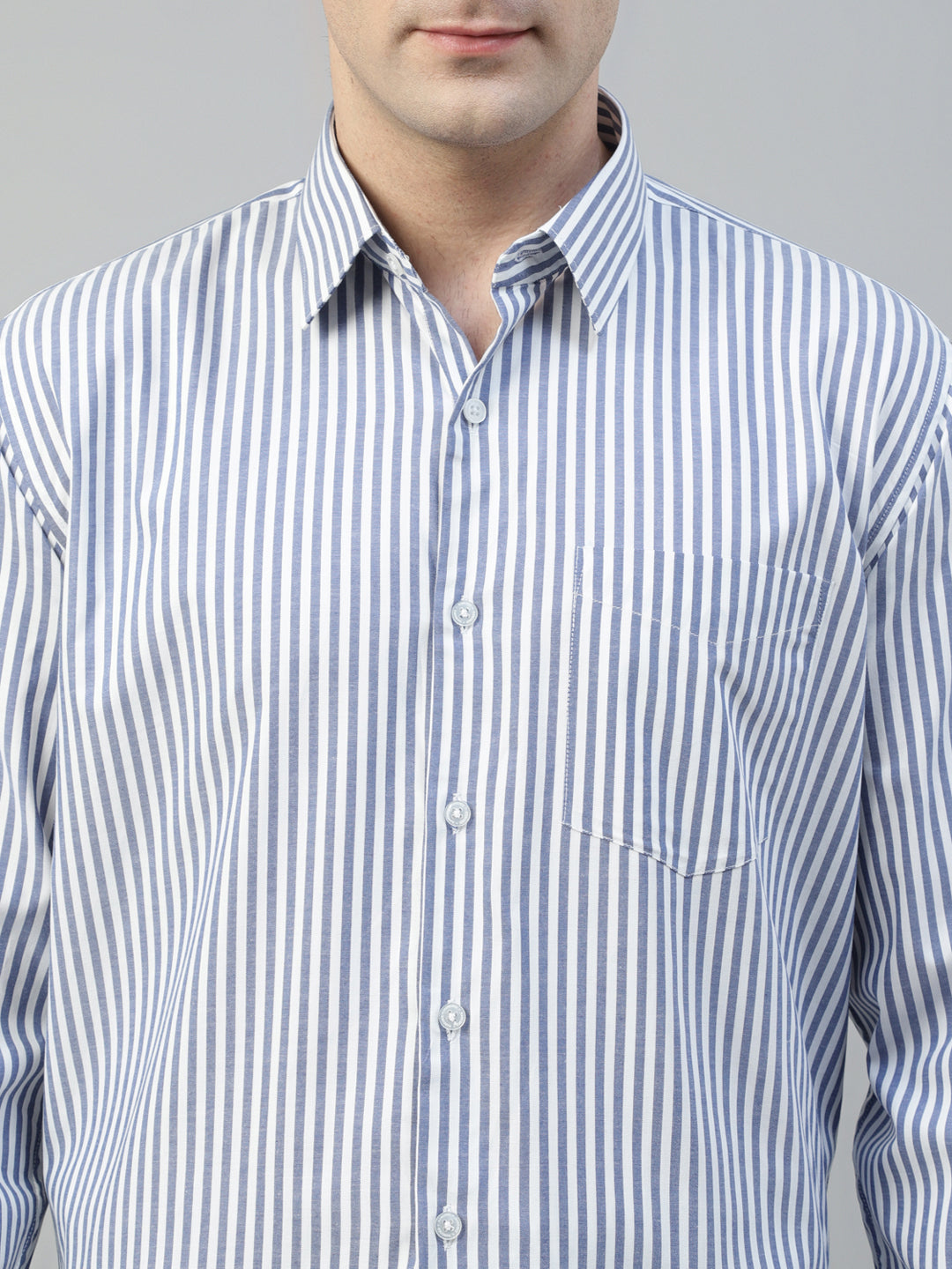 Men White & Blue Candy Striped Pure Cotton Slim Fit Formal Shirt