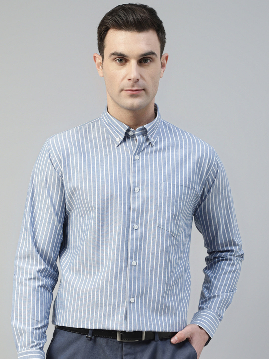 Men Blue & White Candy Striped Pure Cotton Slim Fit Formal Shirt