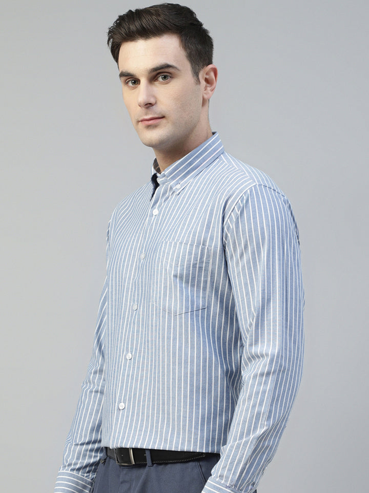 Men Blue & White Candy Striped Pure Cotton Slim Fit Formal Shirt