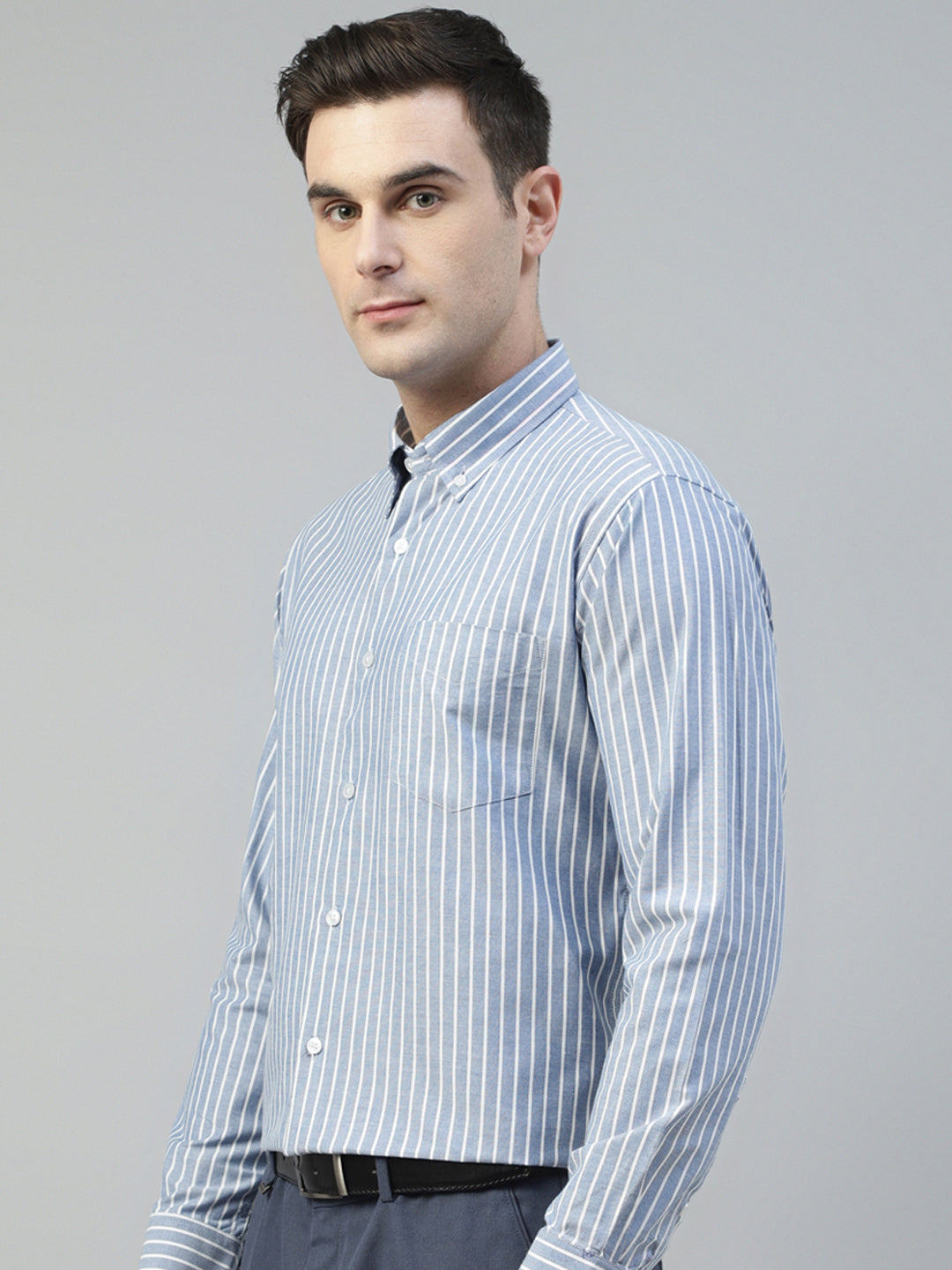 Men Blue & White Candy Striped Pure Cotton Slim Fit Formal Shirt