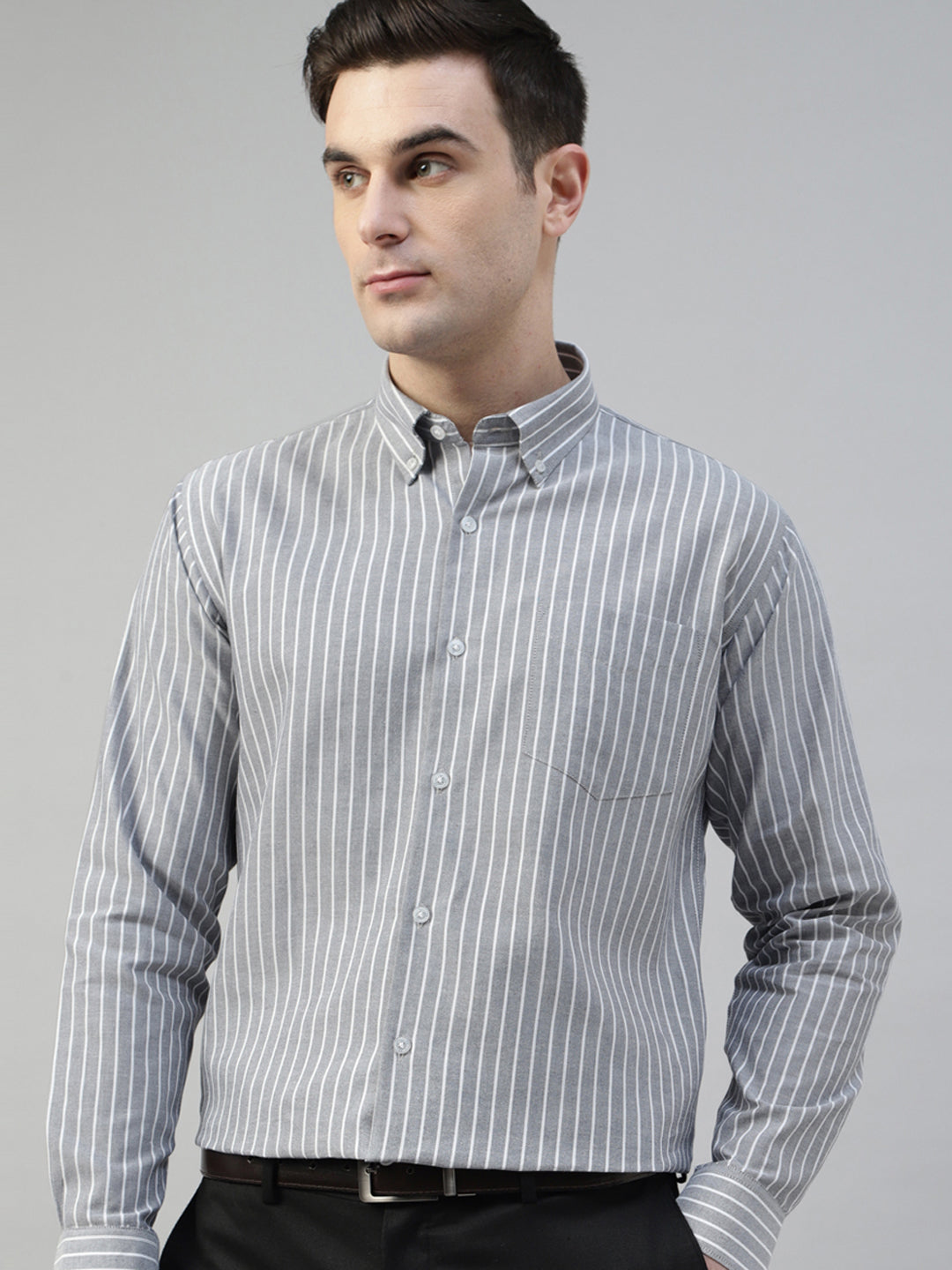 Men Grey & White Candy Striped Pure Cotton Slim Fit Formal Shirt