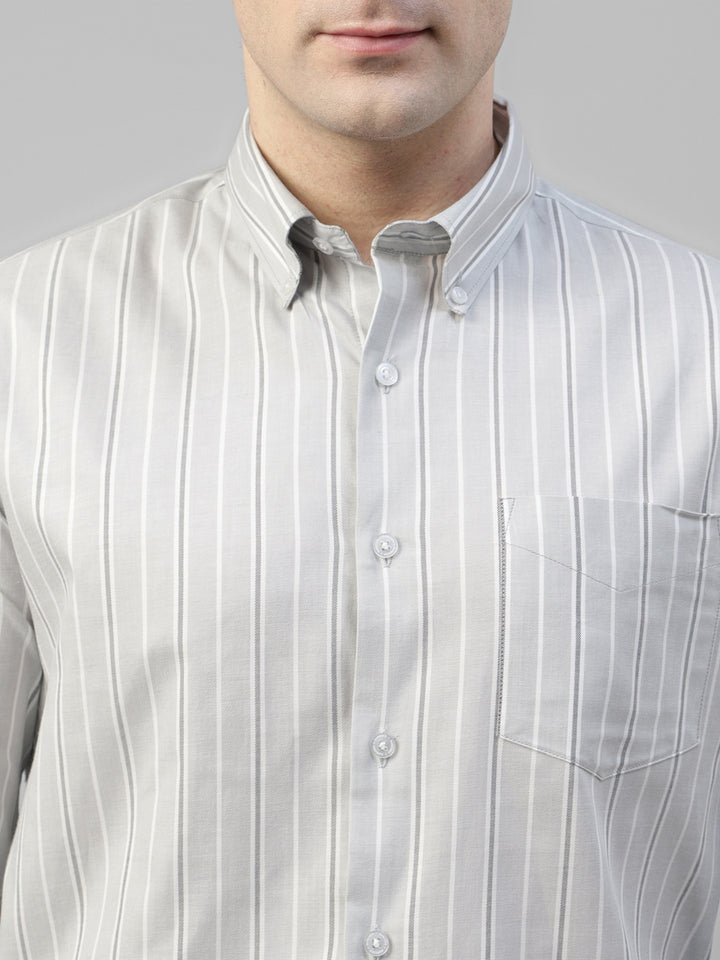 Men Grey & White Vertical Striped Wrinkle Resistant Pure Cotton Slim Fit Formal Shirt