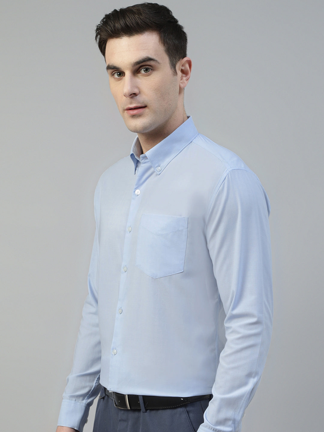 Men Sky Blue Self Design Wrinkle Resistant Pure Cotton Slim Fit Formal Shirt