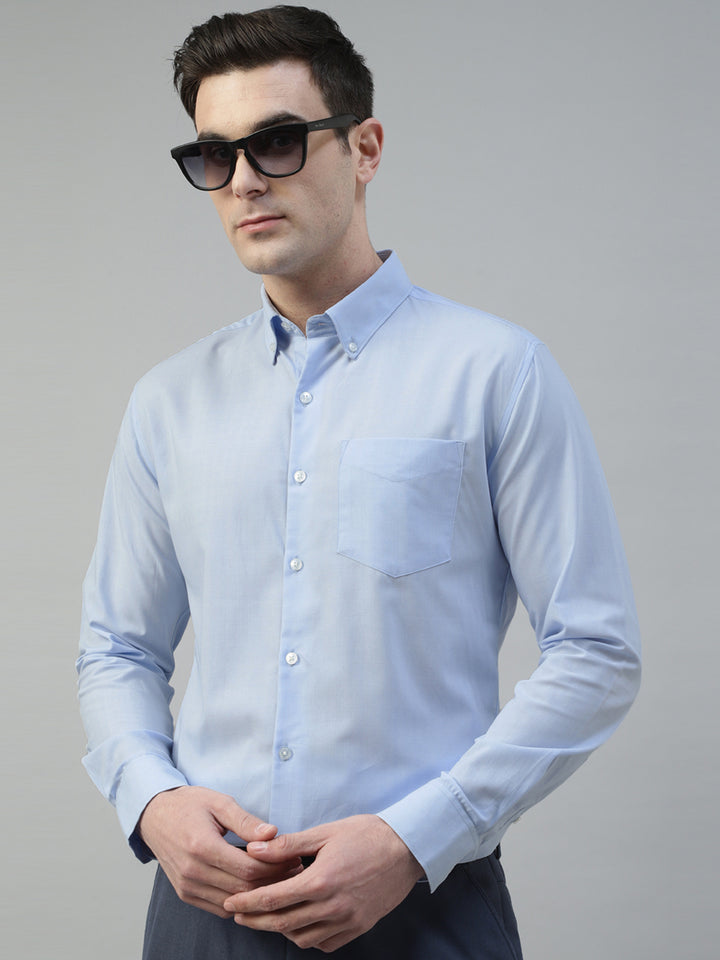 Men Sky Blue Self Design Wrinkle Resistant Pure Cotton Slim Fit Formal Shirt