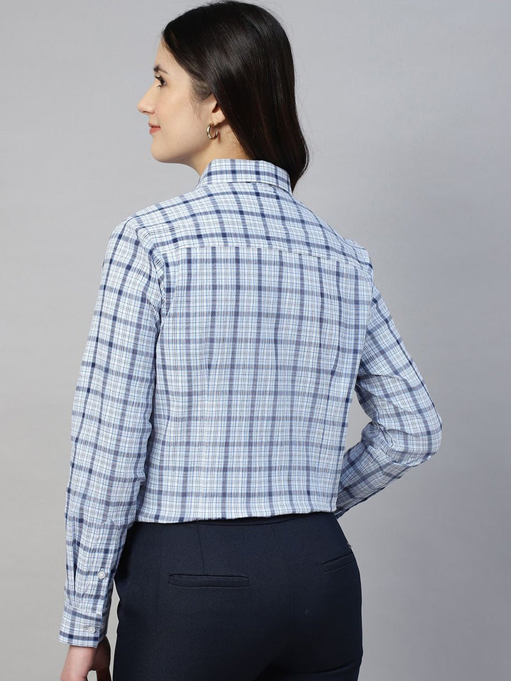 Hancock Women Blue Check Pure Cotton Regular Fit Formal Shirt