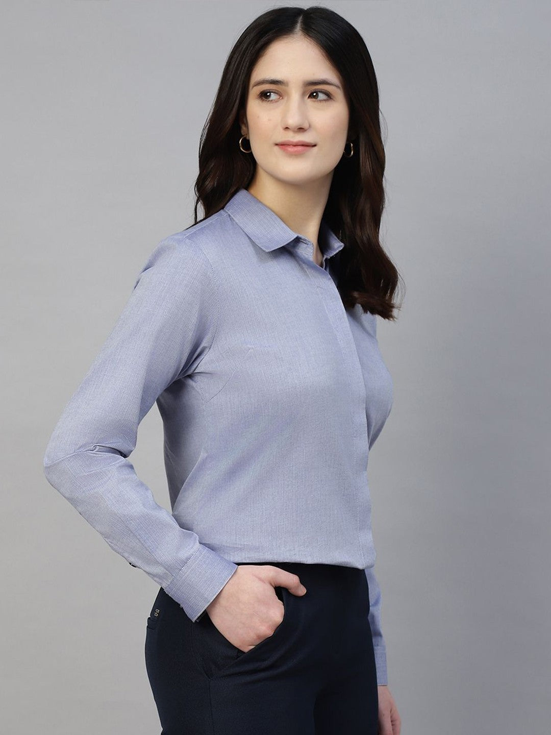 Hancock Women Blue Solid Pure Cotton Regular Fit Formal Shirt