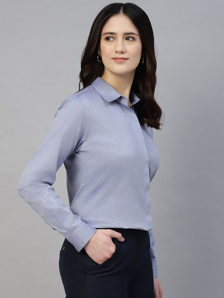 Hancock Women Blue Solid Pure Cotton Regular Fit Formal Shirt