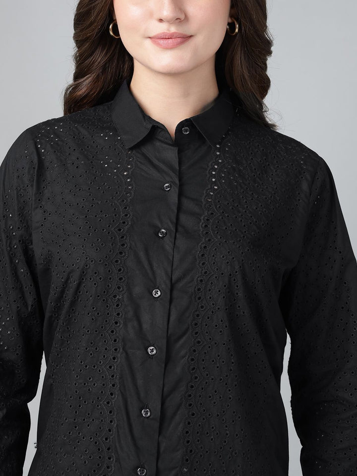 Hancock Women Black Solid Schiffli Pure Cotton Relaxed Fit Casual Shirt