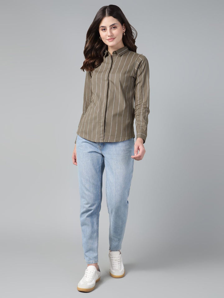 Hancock Women Olive Stripe Pure Cotton Slim Fit Casual Shirt