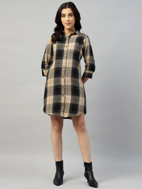Women Beige & Black Check Pure Cotton Regular Fit Formal Dress
