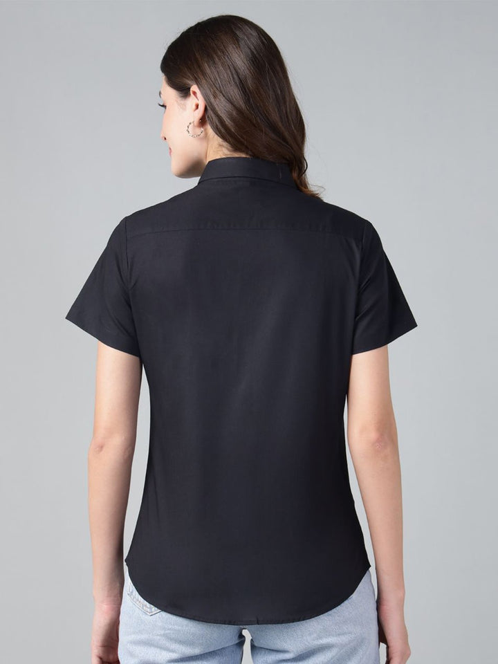 Hancock Women Black Solid Pure Cotton Short Sleeve Slim Fit Casual Shirt