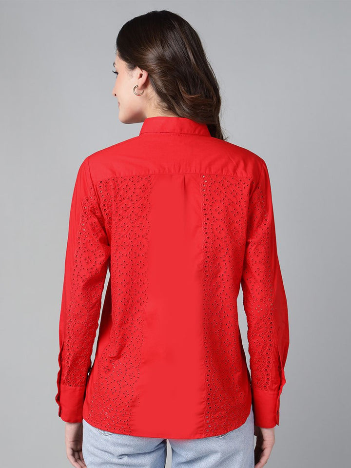 Hancock Women Red Solid Schiffli Pure Cotton Relaxed Fit Casual Shirt