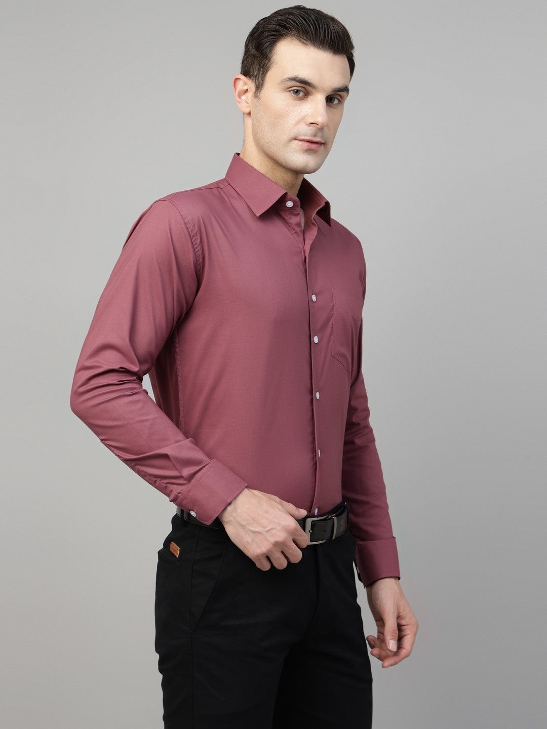 Men Grape Red Solid Stretchable Slim Fit Formal Shirt