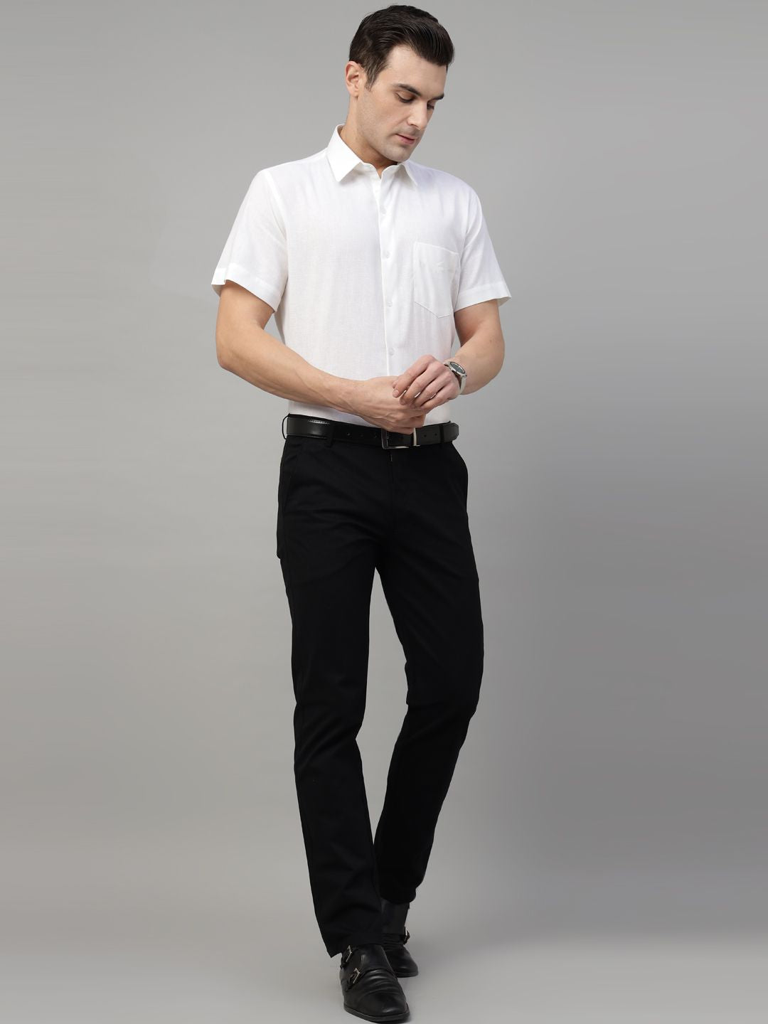  white solid linen short sleeves shirt 