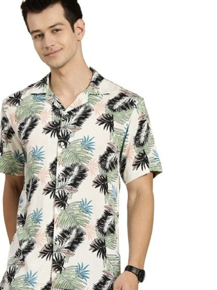 Hancock Men White & Green Prints Viscose Rayon Relaxed Fit Casual Shirt