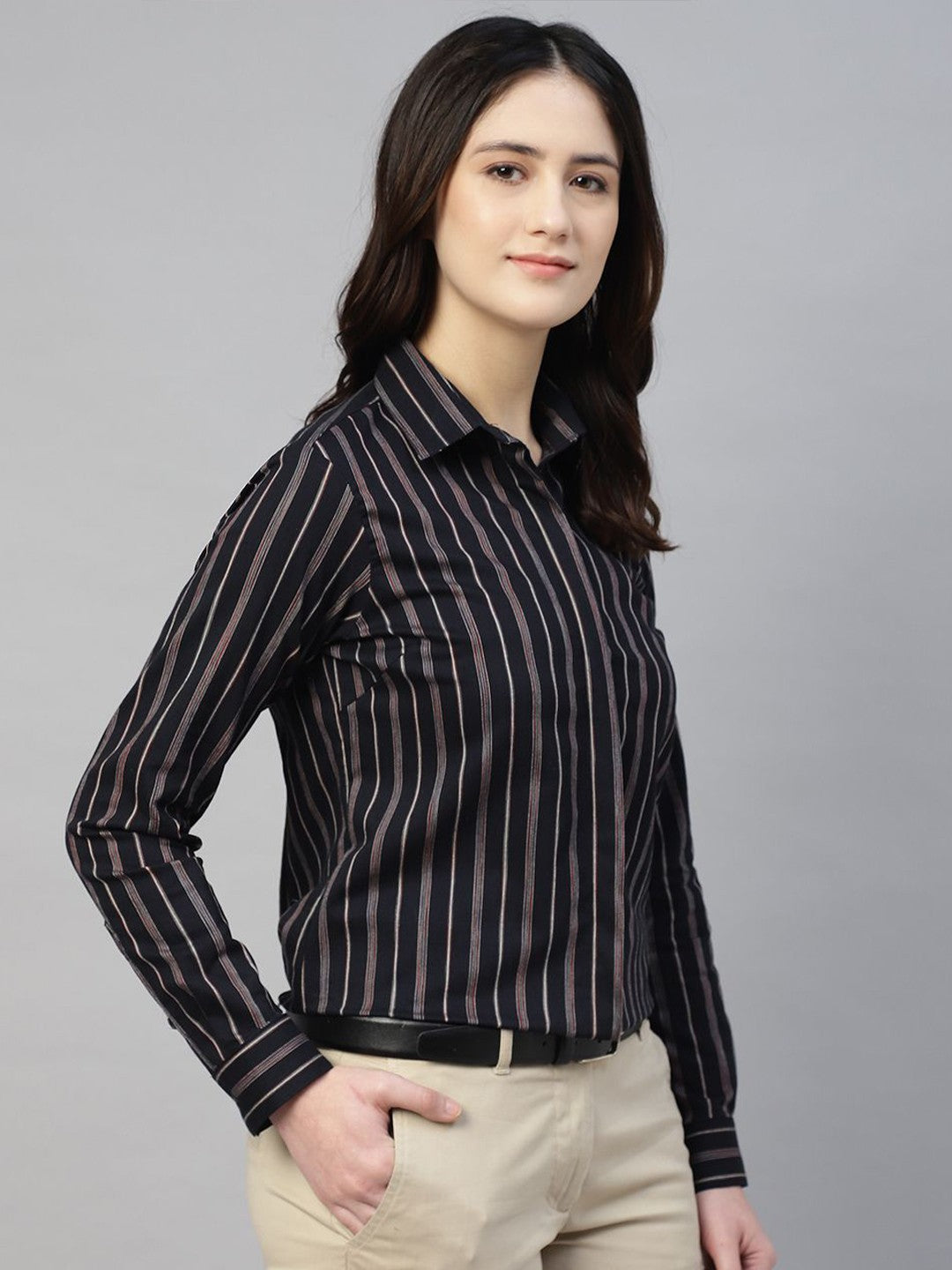 Hancock Women Navy Blue Stripe Pure Cotton Regular Fit Formal Shirt