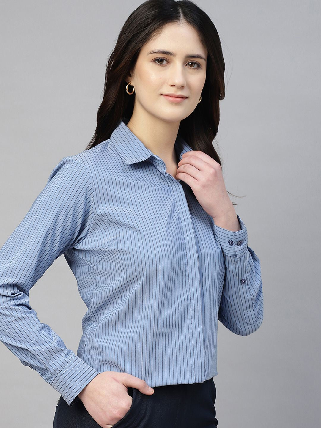 Hancock Women Blue Stripe Cotton Elastene Regular Fit Formal Shirt