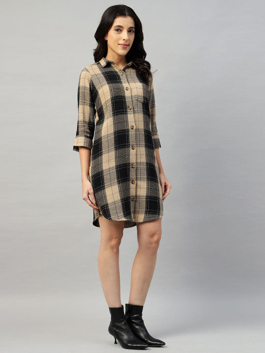 Women Beige & Black Check Pure Cotton Regular Fit Formal Dress