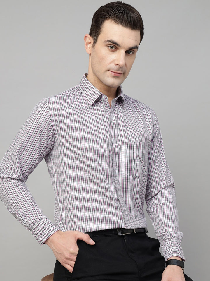Men Grey & Purple Check Cotton Slim Fit Formal Shirt