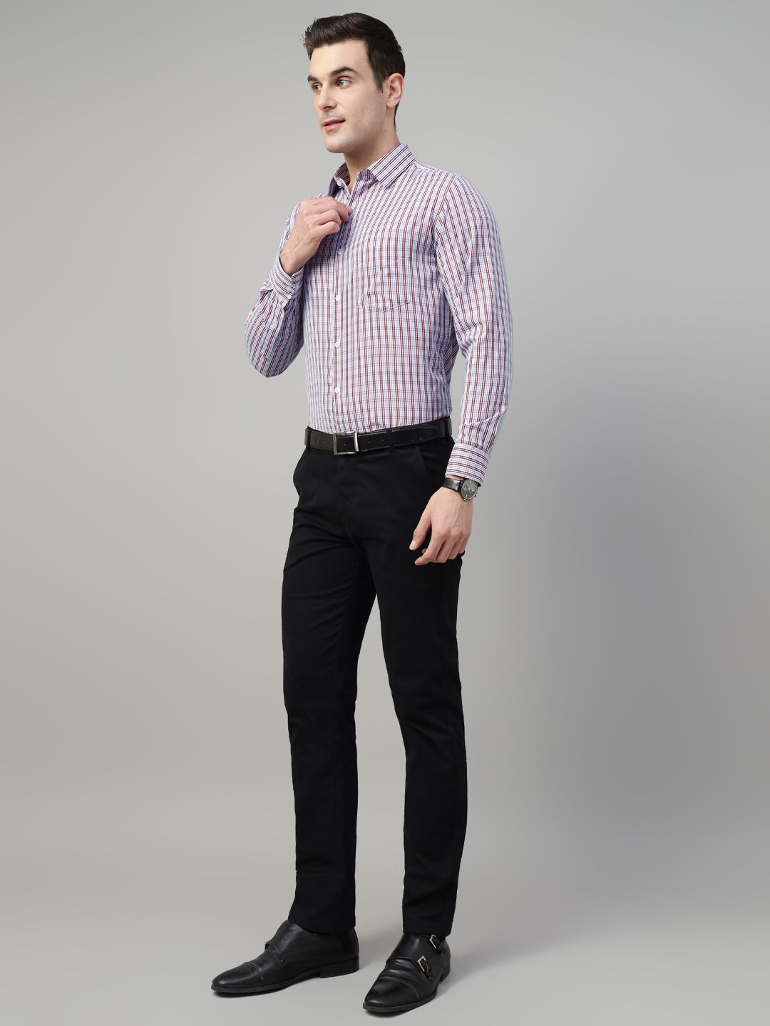 Men Blue & Red Check Cotton Slim Fit Formal Shirt