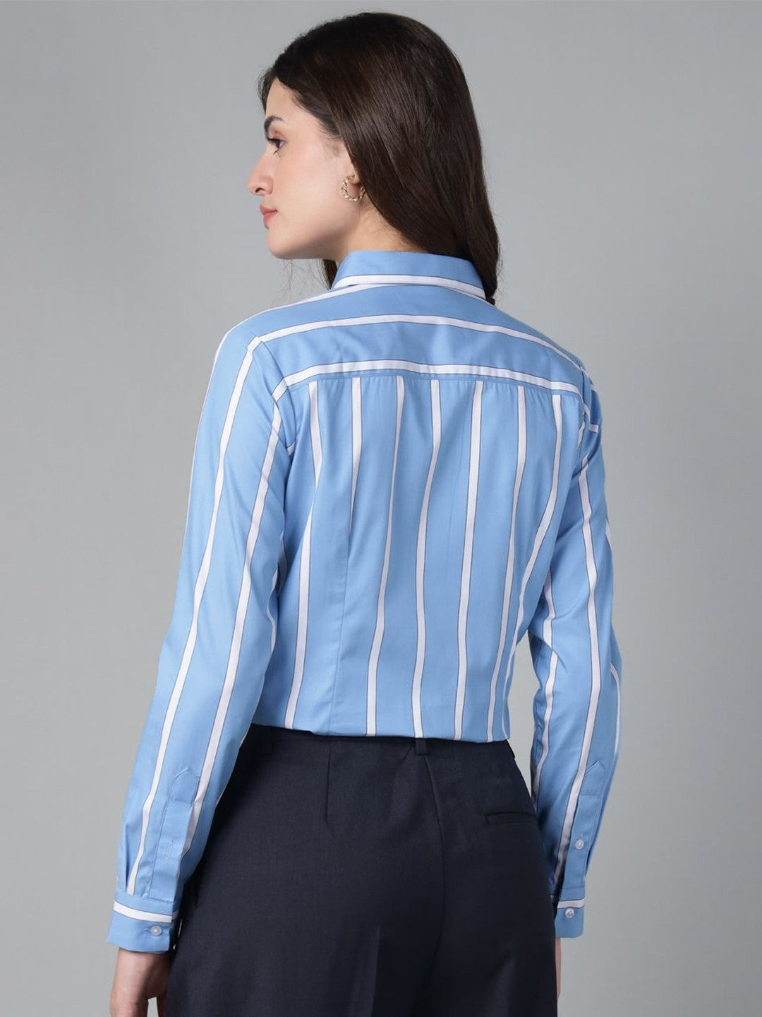 Hancock Women Blue & White Stripe Pure Cotton Regular Fit Formal Shirt