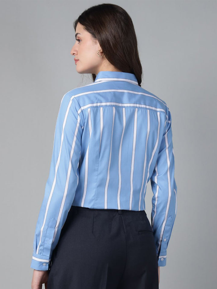 Hancock Women Blue & White Stripe Pure Cotton Regular Fit Formal Shirt