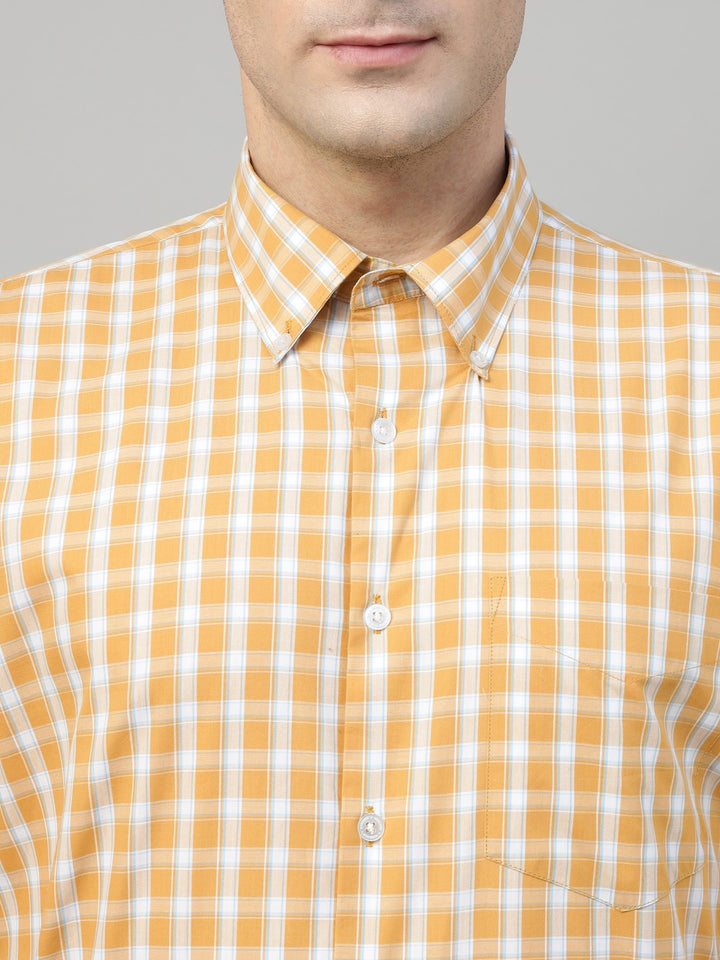 Men Mustard Check Cotton Slim Fit Formal Shirt