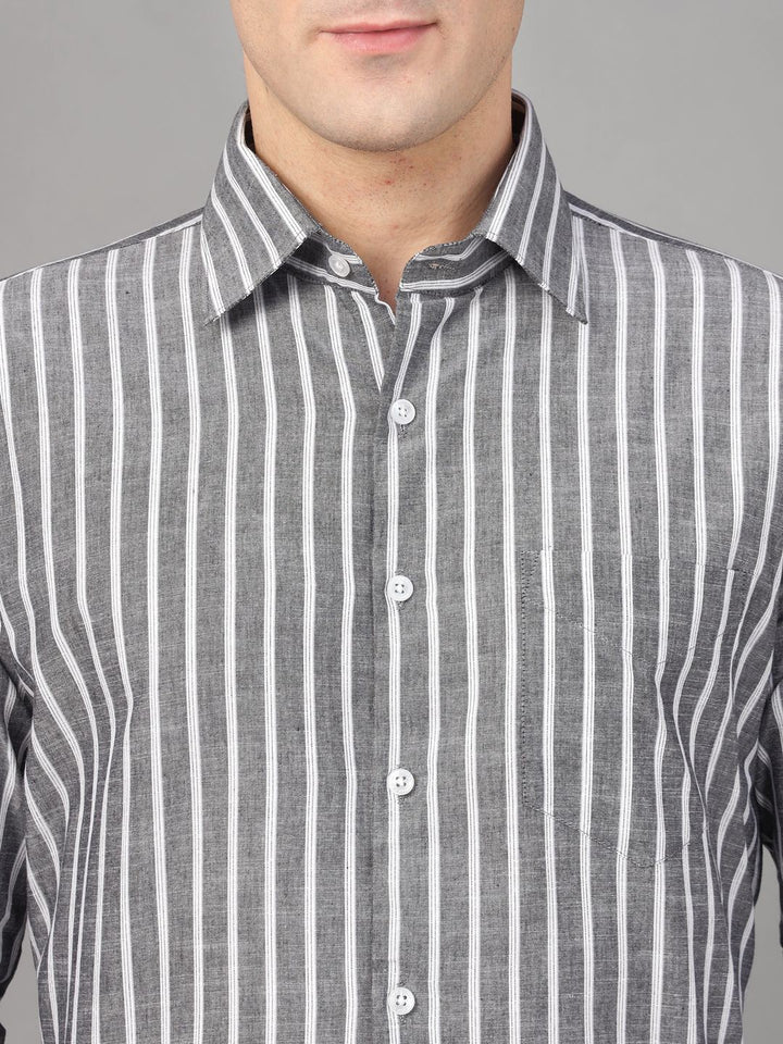 Hancock Men Grey & White Stripe Pure Cotton Slim Fit Formal Shirt