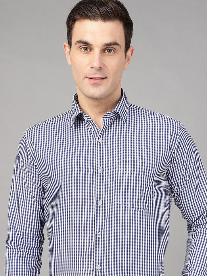 Hancock Men Navy Blue Check Pure Cotton Slim Fit Formal Shirt