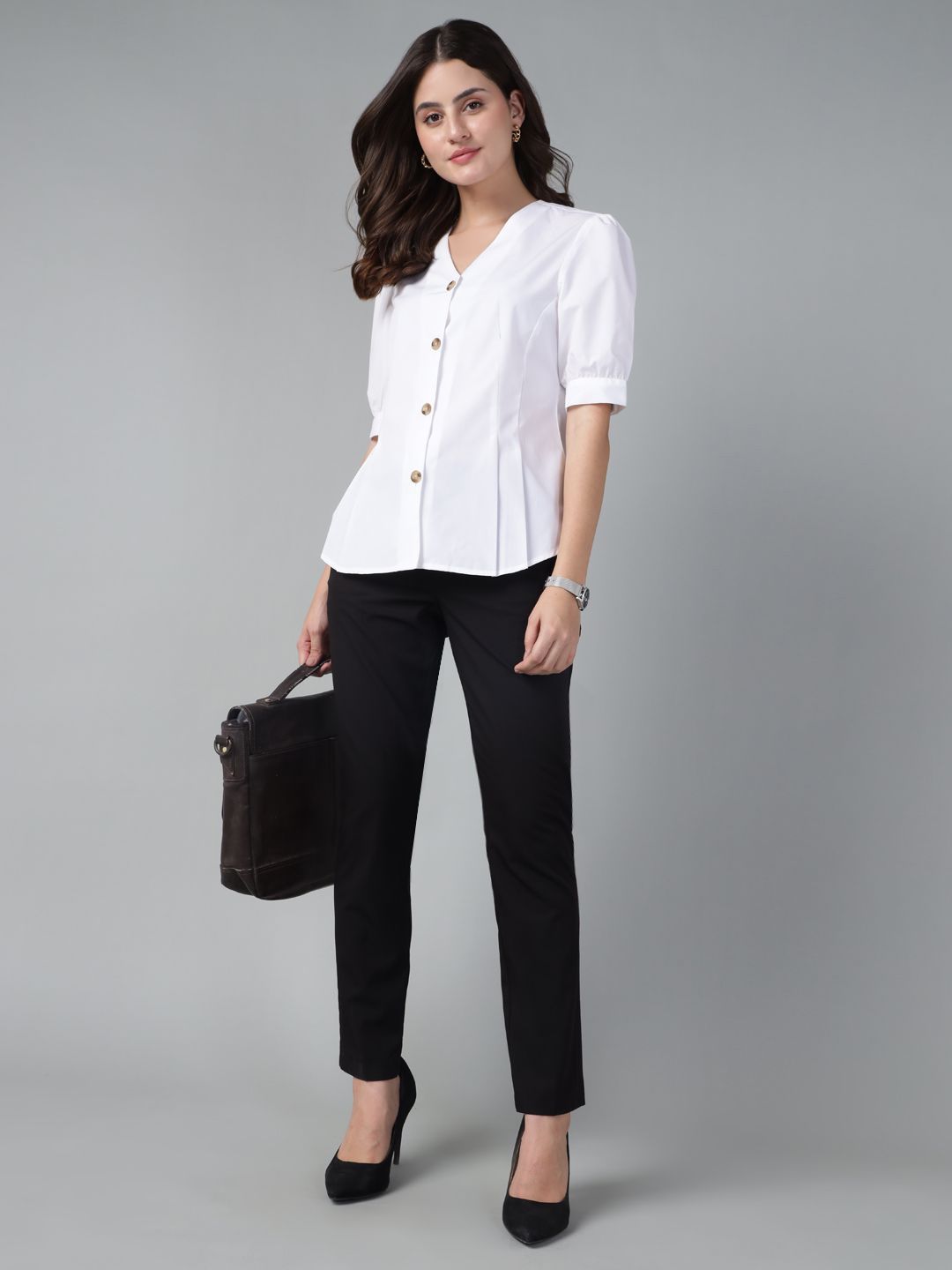 Hancock Women White Solid Pure Cotton V-Neck Pleated Regular Fit Formal Shirt