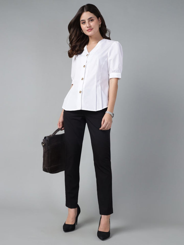 Hancock Women White Solid Pure Cotton V-Neck Pleated Regular Fit Formal Shirt