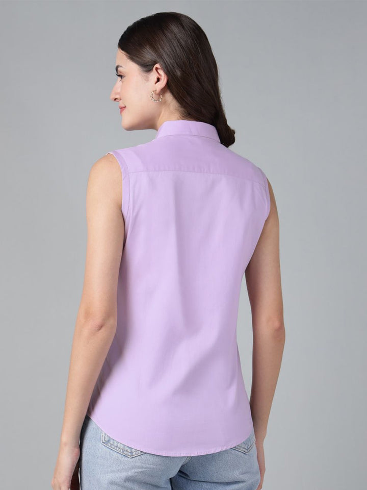 Hancock Women Lavender Solid Pure Cotton Sleeveless Slim Fit Casual Shirt