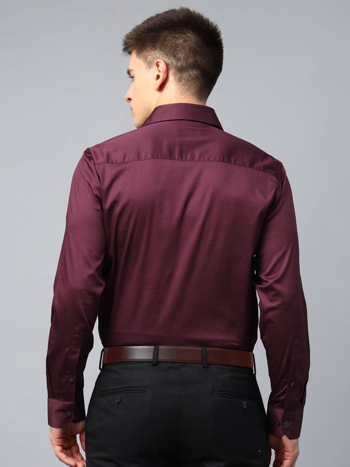 Hancock Men Maroon Solid Cotton Elastene Slim Fit Party Shirt