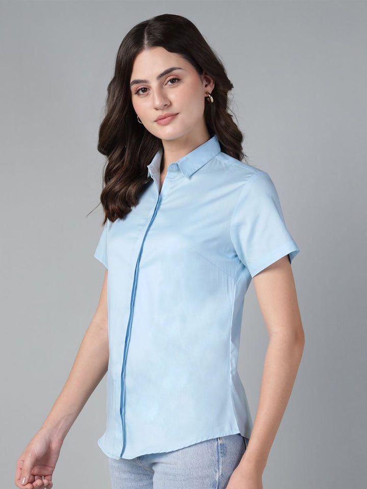 Hancock Women Sky Blue Solid Pure Cotton Short Sleeve Slim Fit Casual Shirt