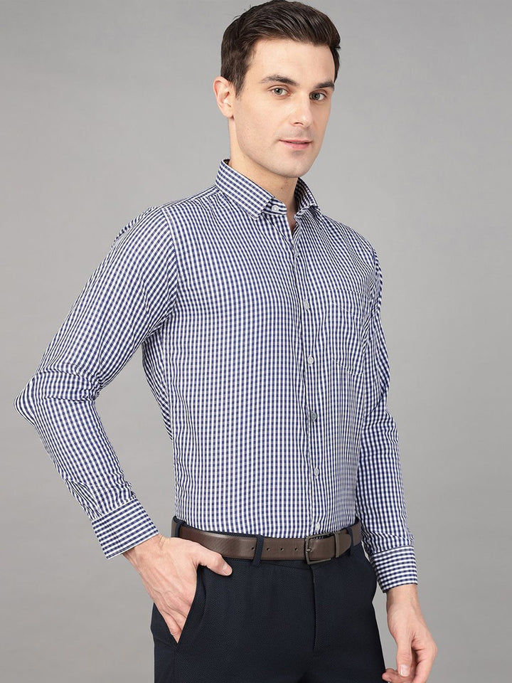 Hancock Men Navy Blue Check Pure Cotton Slim Fit Formal Shirt