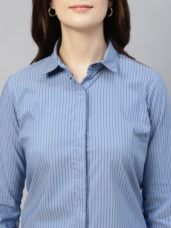 Hancock Women Blue Stripe Cotton Elastene Regular Fit Formal Shirt
