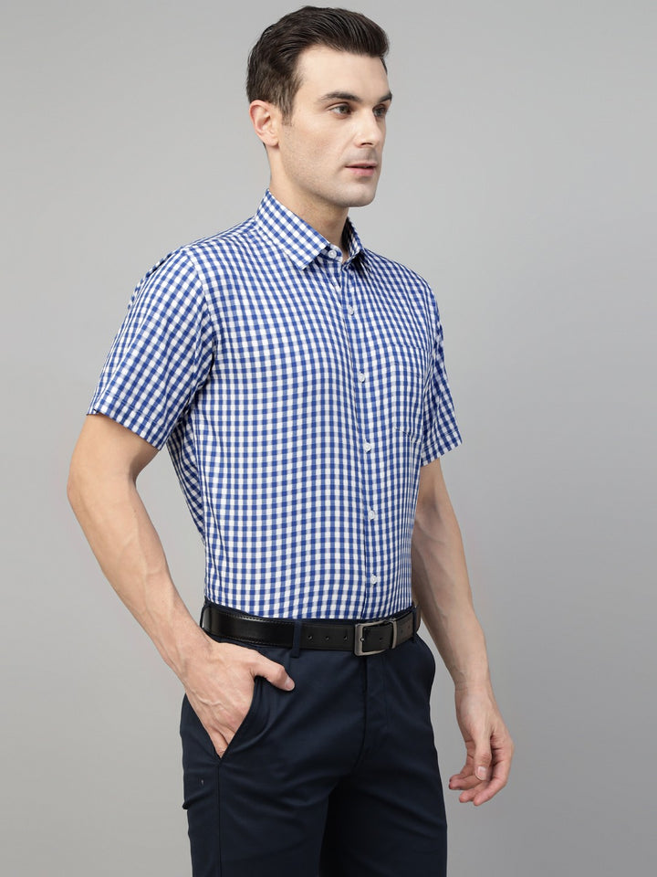 Men White & Blue Check Cotton Slim Fit Formal Shirt