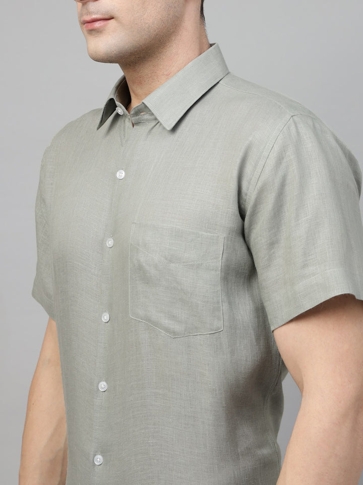 Men Basil Green Solid Pure Linen Slim Fit Formal Shirt