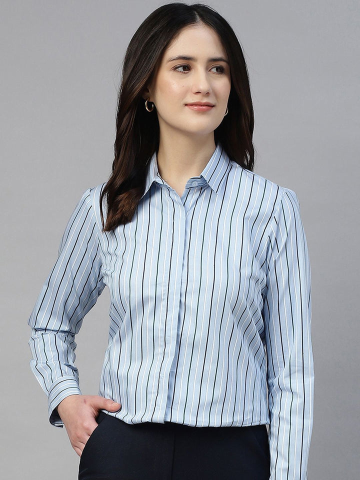 Hancock Women Blue Stripe Pure Cotton Regular Fit Formal Shirt