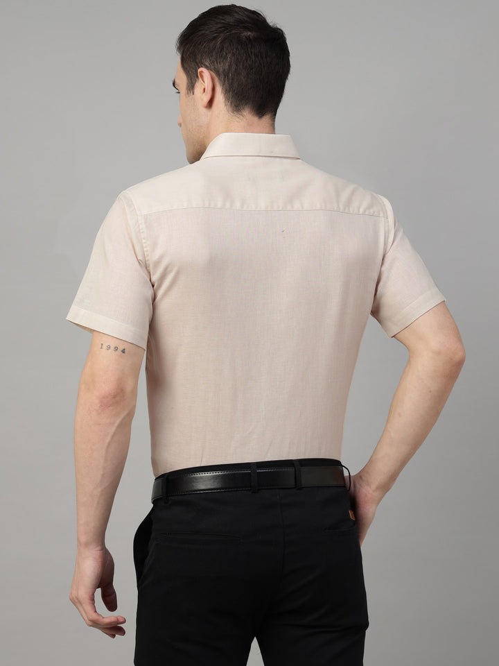 Men Beige Solid Linen & Cotton Blend Slim Fit Formal Shirt