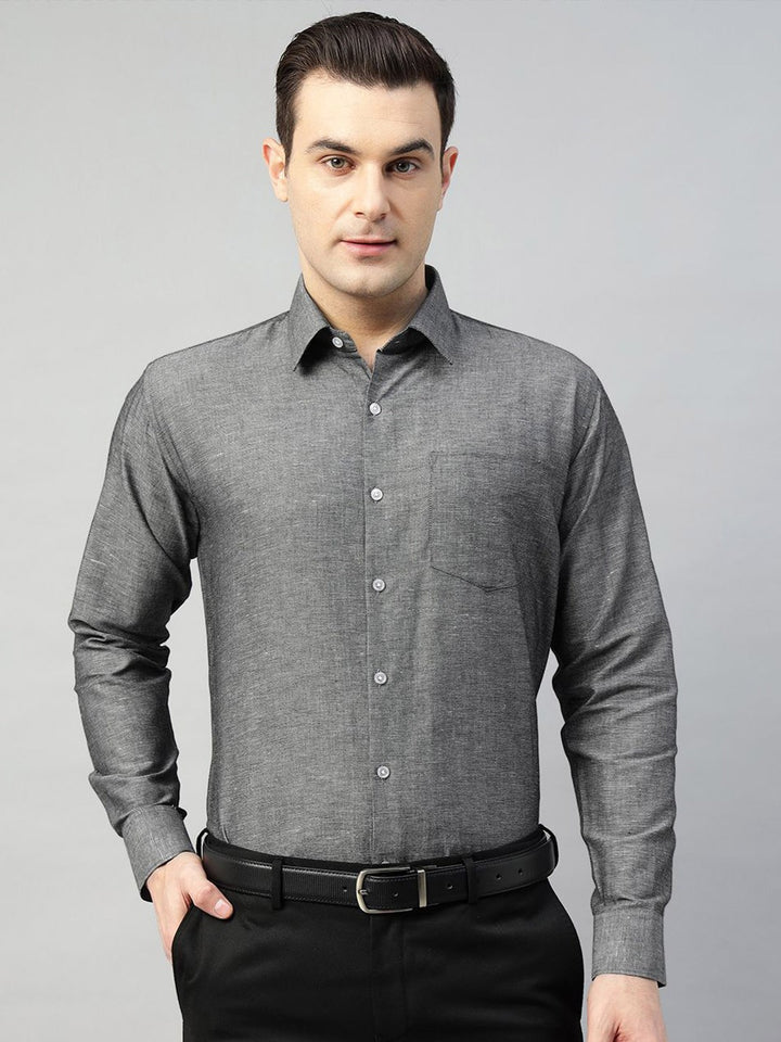 Hancock Men Grey Solid Linen Cotton Slim Fit Formal Shirt