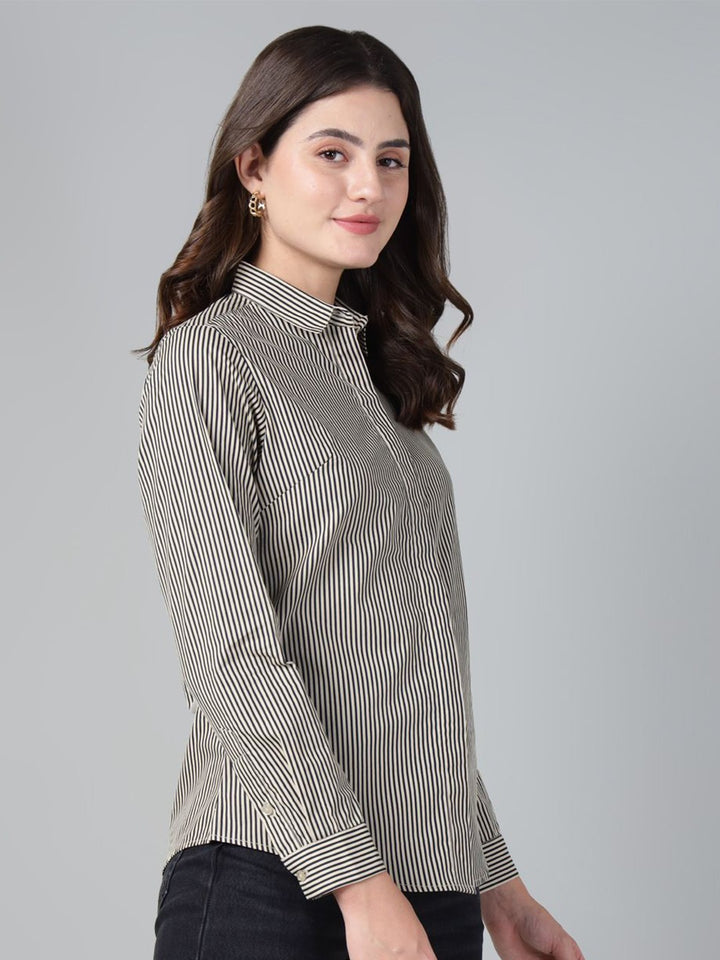Hancock Women Black & Brown Stripe Pure Cotton Slim Fit Casual Shirt