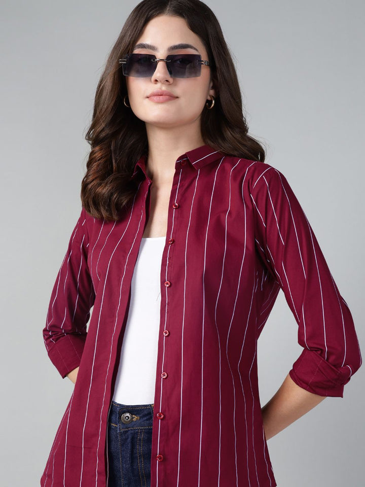 Hancock Women Maroon Stripe Pure Cotton Slim Fit Casual Shirt
