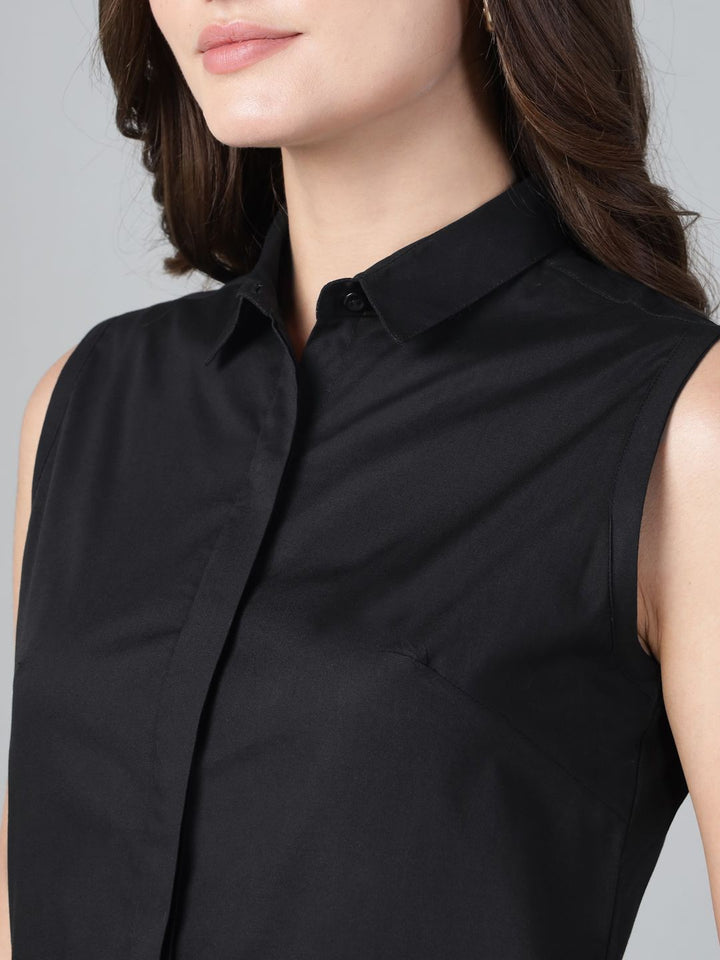 Hancock Women Black Solid Pure Cotton Sleeveless Slim Fit Casual Shirt