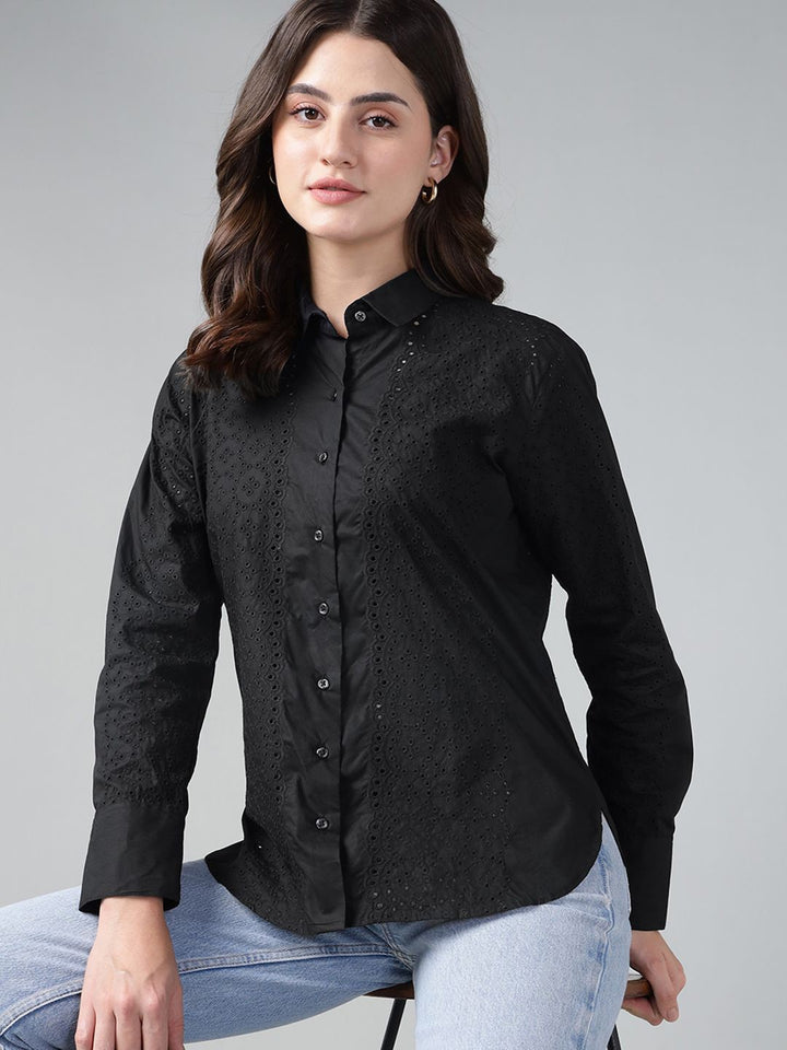 Hancock Women Black Solid Schiffli Pure Cotton Relaxed Fit Casual Shirt