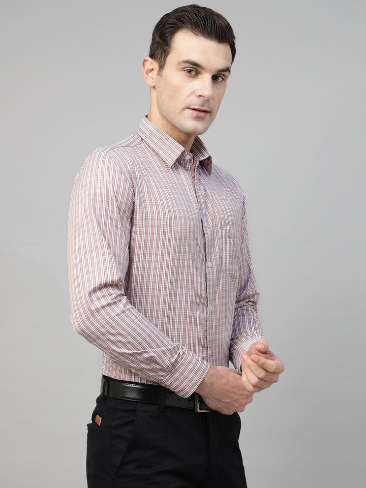 Men Cream & Coral Check Cotton Slim Fit Formal Shirt