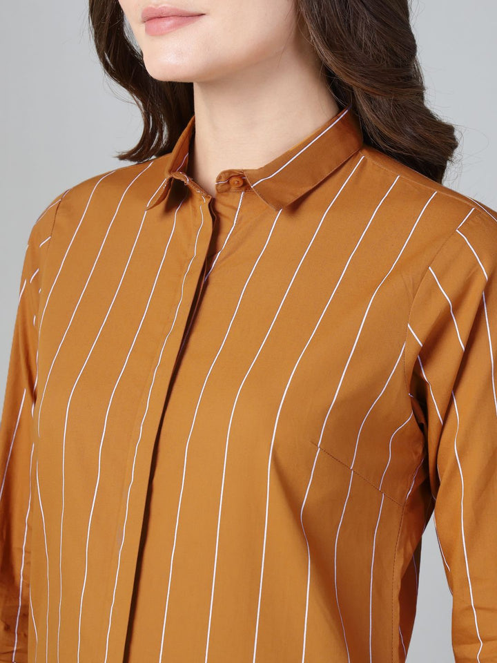 Hancock Women Mustard Stripe Pure Cotton Slim Fit Casual Shirt