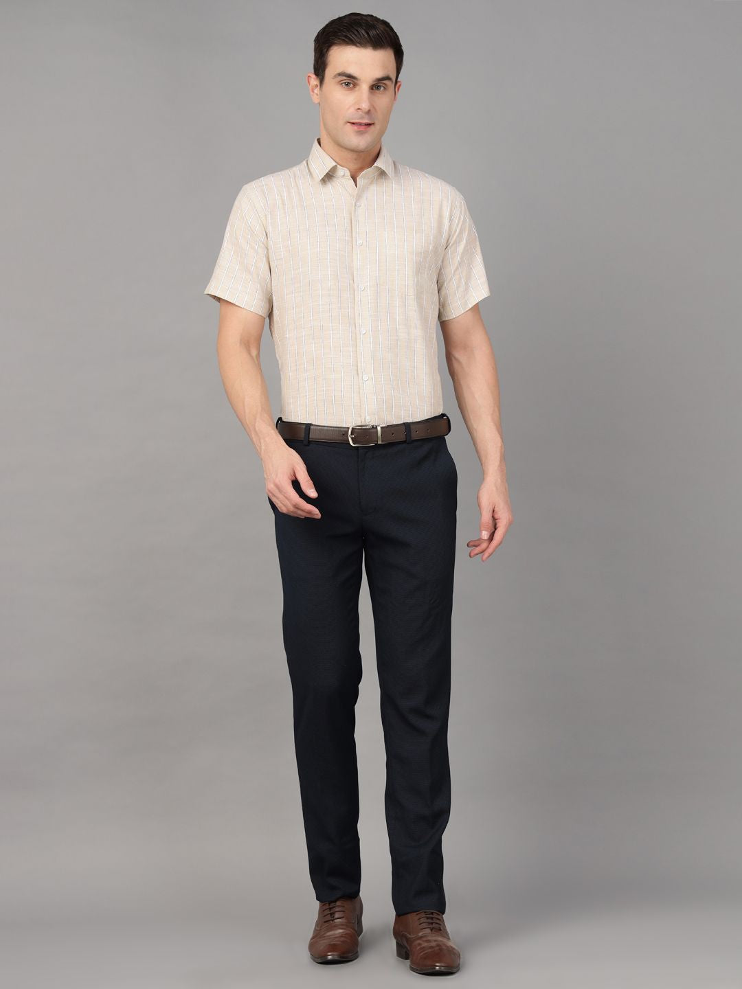 Hancock Men Beige Stripe Pure Cotton Slim Fit Formal Shirt