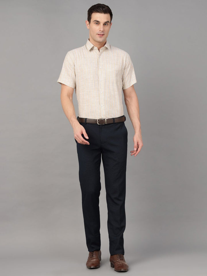 Hancock Men Beige Stripe Pure Cotton Slim Fit Formal Shirt