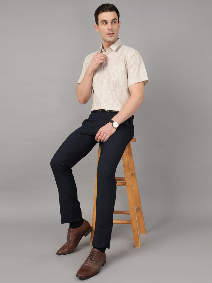 Hancock Men Beige Stripe Pure Cotton Slim Fit Formal Shirt